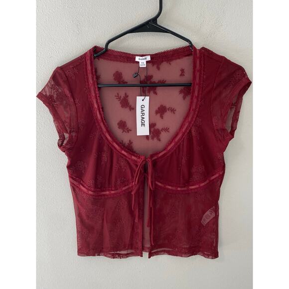 New Garage Denim Embroidered Mesh Tie Front Lace Top Size Small - Picture 1 of 3